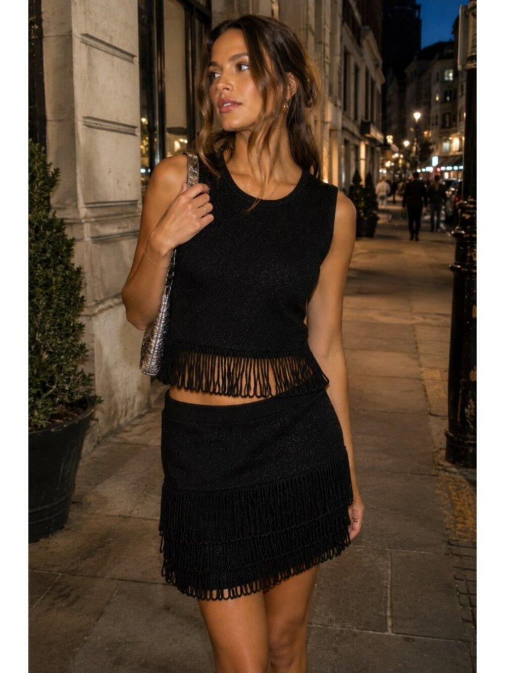 Anthropologie Endless Rose Sz L Black Metallic Loop Fringe Mini Skirt & Tank Top